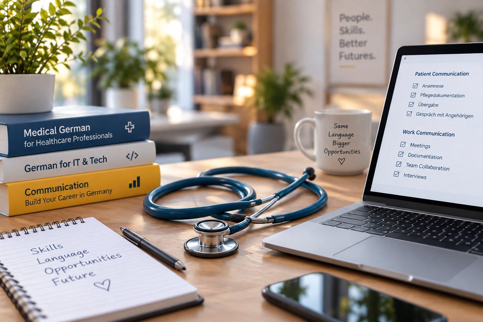 Schreibtisch mit Lehrbüchern für Medizin- und IT-Deutsch, Stethoskop und Laptop