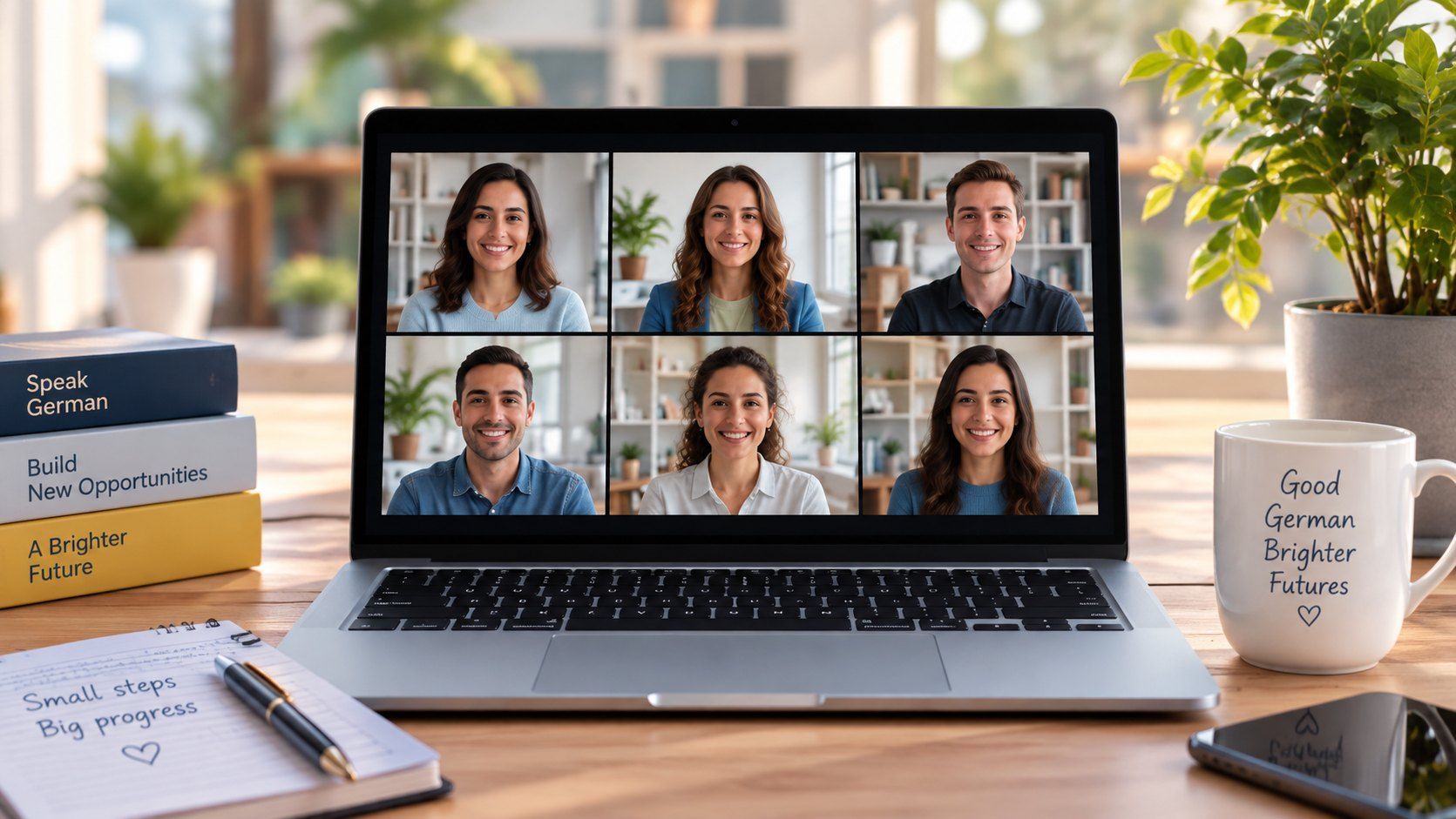 Kleingruppe mit sechs Personen im Videocall auf einem Laptop